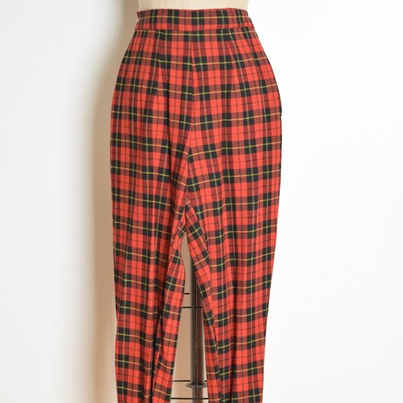 vintage 90s pants red plaid print high waisted stirrup punk leggings stretch XS - Picture 2 of 5
